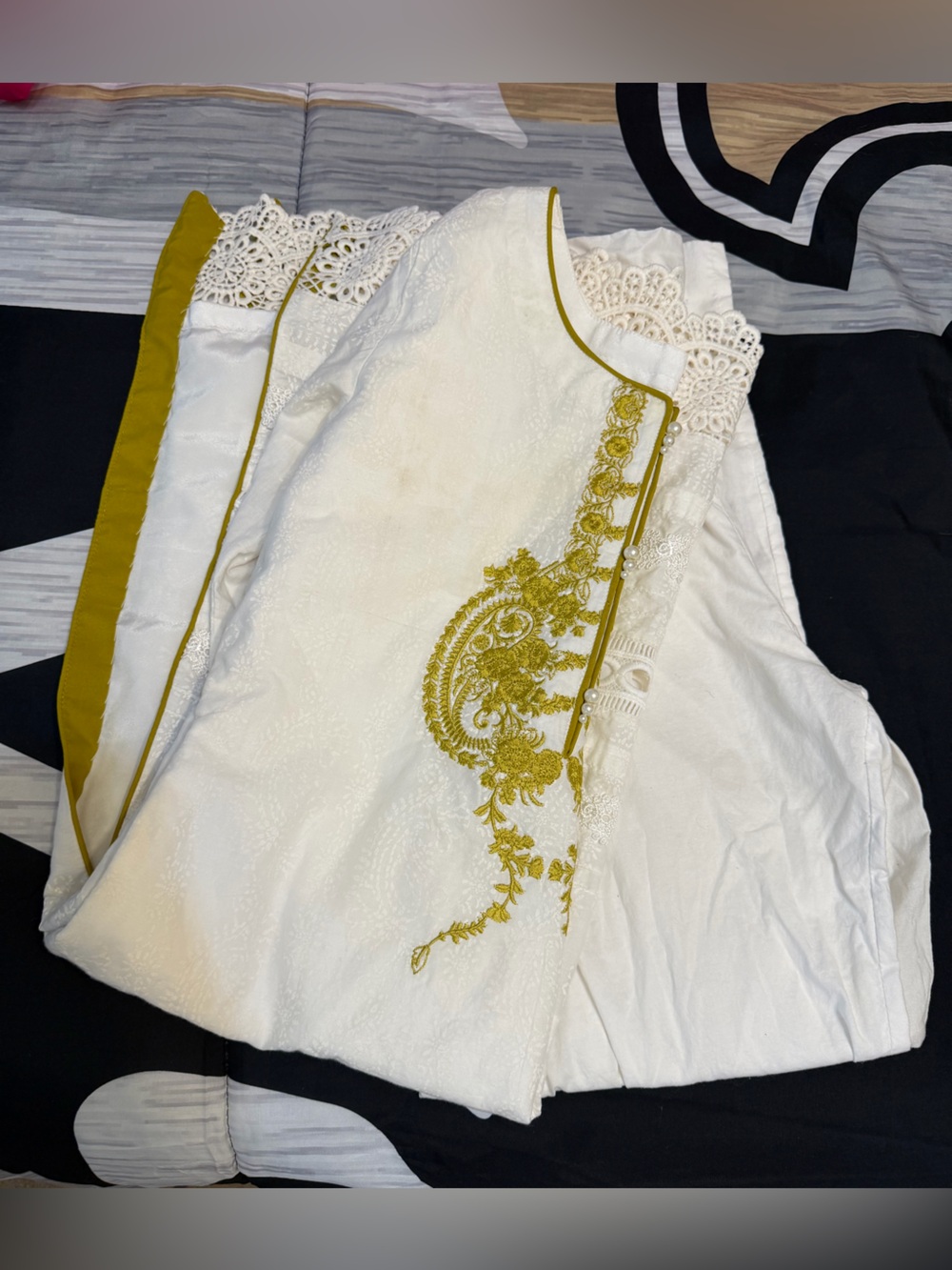 Embroidered White Women’s Kurta Salwar with Olive-Green Accents